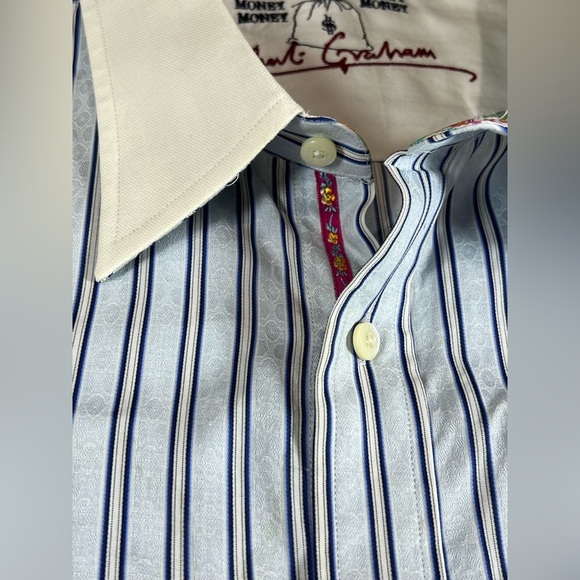 Robert Graham Money Money Blue and White Casual Button Down Shirt Ribbon Collar - Picture 6 of 11